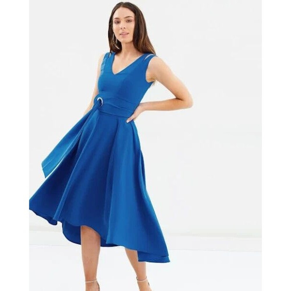 Karen Millen Asymmetric High Low Midi Crepe Lined Dress EUC Sz 8 No Belt